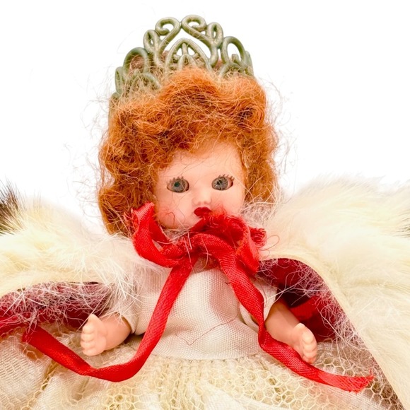 Vintage 40s Sleep Eye Doll Toy Red Fur Trim Cape Crown Victorian Christmas Decor - Picture 3 of 10